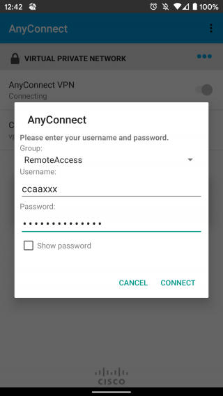 AnyConnect username/password screen