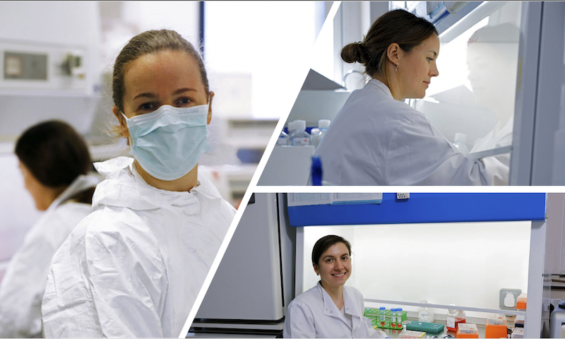 AK Reuschl, Lucy Thorne and Lorena Alvarez-Zuliana researching SARS-CoV-2, Jan 2021