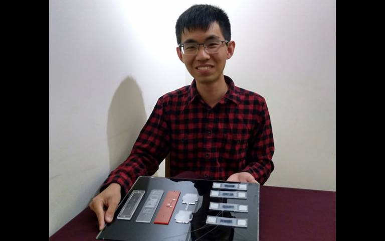 Yi Xuan Sim shows the sensors he developed as part of his Laidlaw research project at UCL