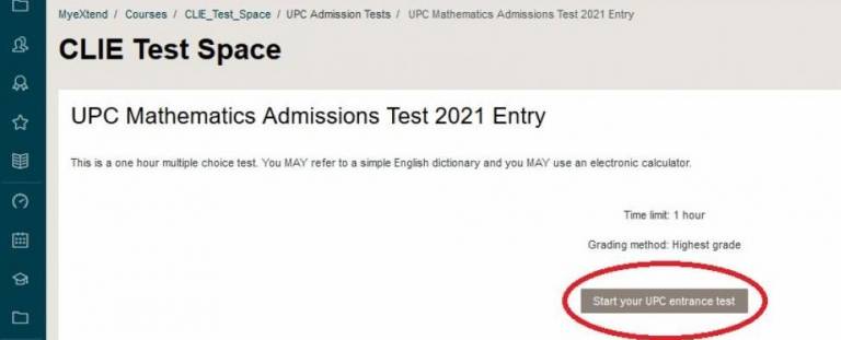 Image of UPC online maths test login page 