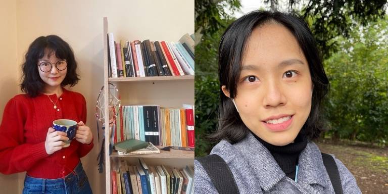 Mandy Liu (left) standing next to a bookshelf holding a mug; Yiying Zhang (right) in a park 