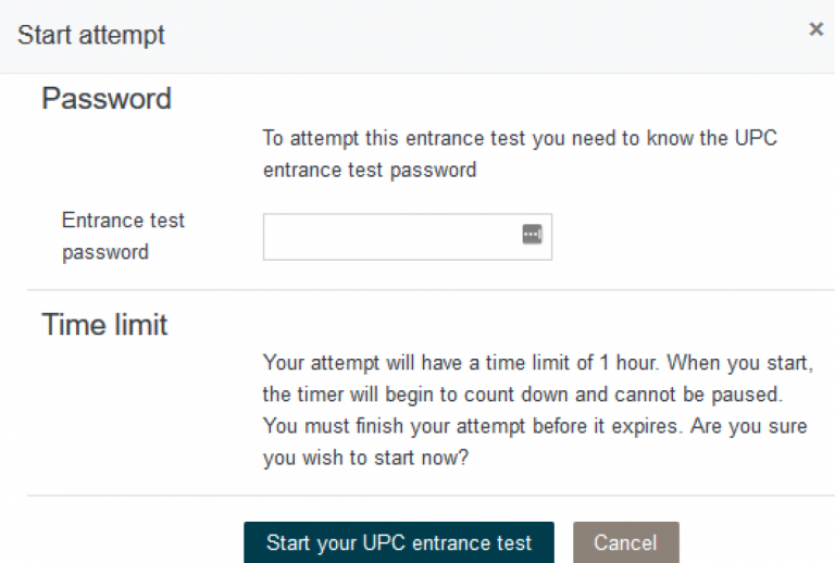 Image of UPC online admission test password page