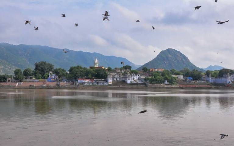 The Dravyavati River in Jaipur. The background are buildings and and hilly landscape, with birds flying in the sky