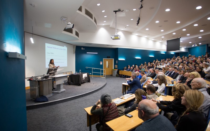 Gina Miller addressing a crowd in a lecture theatre at the Mishcon Lecture in 2018