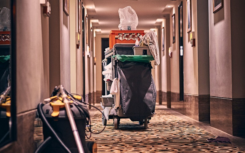 Picture of cleaning equipment in a hotel corridor