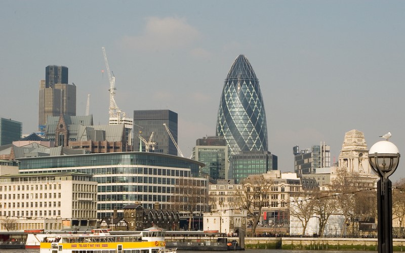 Buildings in London, including the The Gherkin, viewed from the South side of the Thames