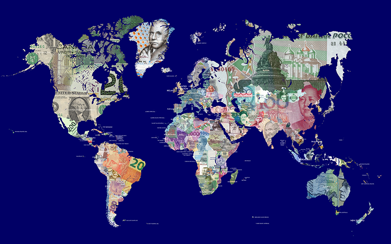 A map of the world with bank notes from different currencies for each country