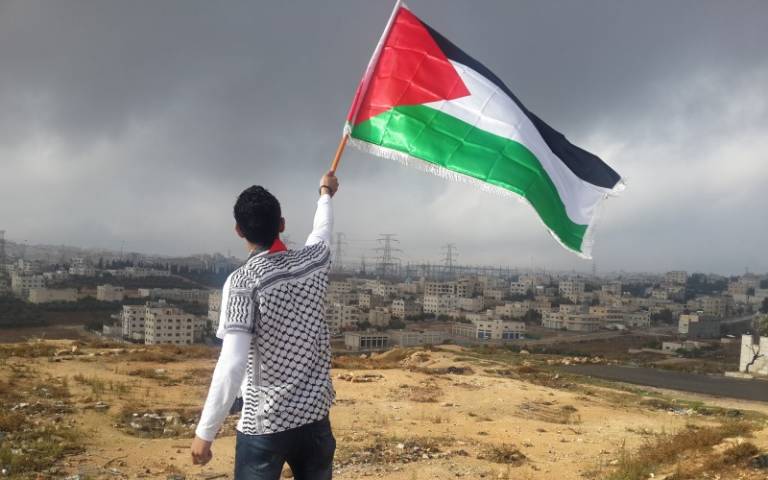 A person is waving the Palestinian flag