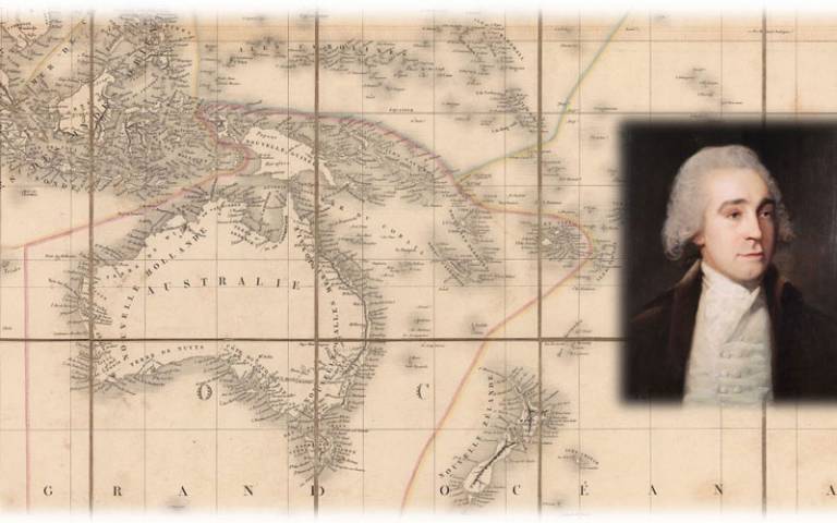 image: jeremy bentham portrait on an old hand drawn map of australia