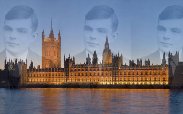 IMAGE: Parliament building with Turings images behind