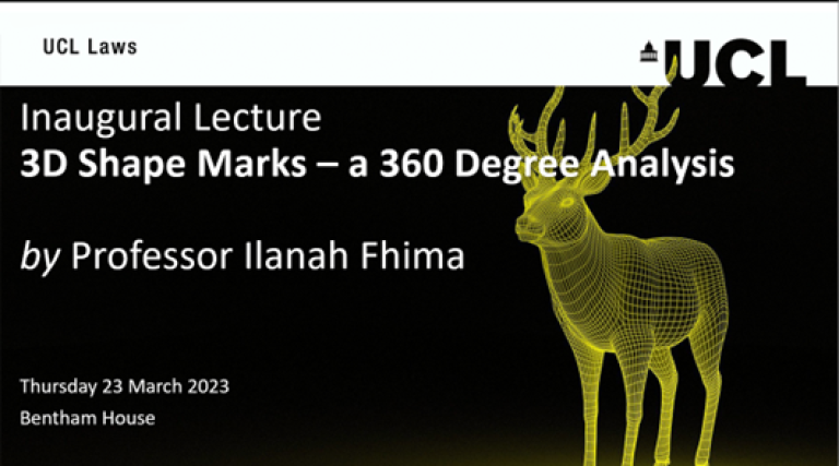 A 3d outline of a deer. The text reads: Inaugural Lecture - 3D Shape Marks – a 360 Degree Analysis by Professor Ilanah Fhima
