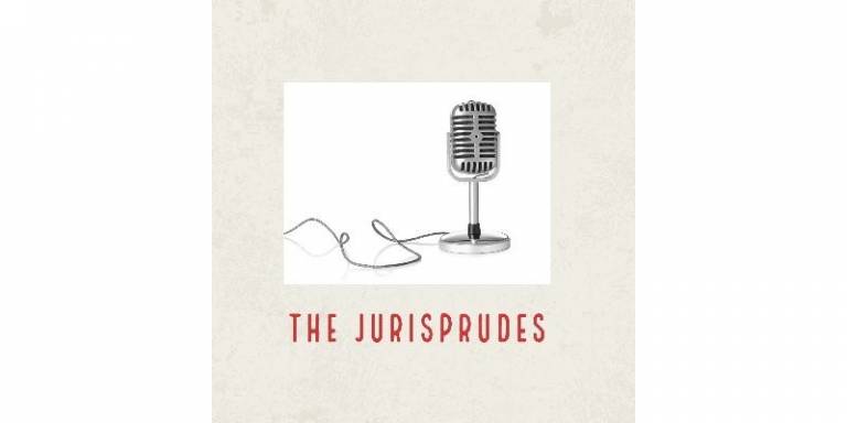 Logo of The Jurisprudes podcast: a silver microphone with text below: "The Jurisprudes"