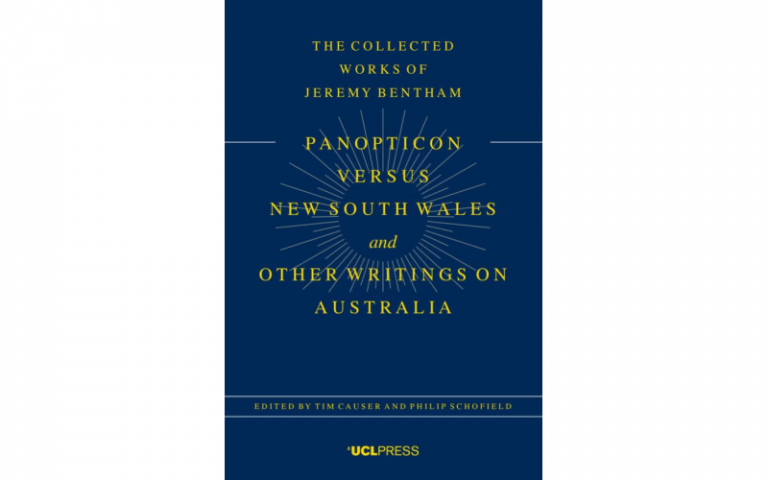 A blue rectangle with text which reads: The Collected Works of Jeremy Bentham, of Panopticon versus New South Wales and other writings on Australia, edited by Tim Causer and Philip Schofield