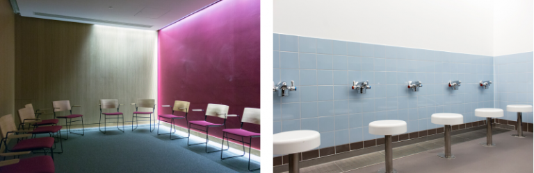One the left is an image of a room with chairs lined against the walls; and on the right is an image of a tiled room with washing facilities