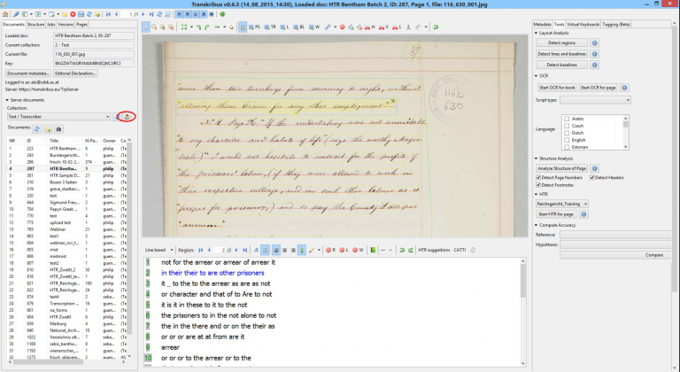 Screenshot showing the Transkribus platform and Bentham manuscript