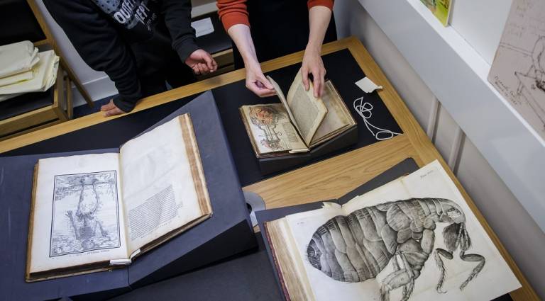 Two people (visible from the chest down) stand at a table laden with rare books that have been carefully displayed using books rests and page weights.  The books reveal intricate medical and natural history illustrations.