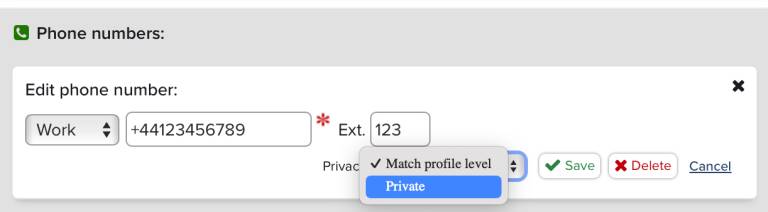 Screenshot showing the setting to make a profile data field private in RPS. 