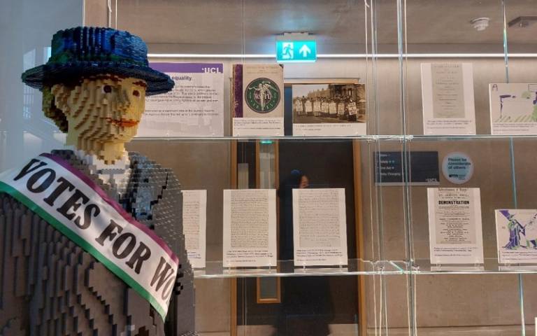 Lego statue of a suffragette, on display at the UCL Student Centre