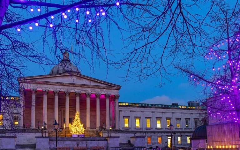 UCL's Portico, decorated for Christmas