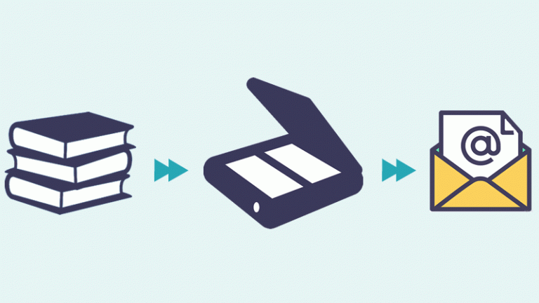 Graphic of books, a scanner and email icon.