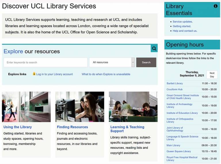 Partial screenshot of new library website home page