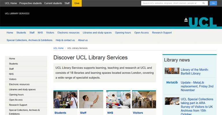 Screenshot of Library Services website homepage