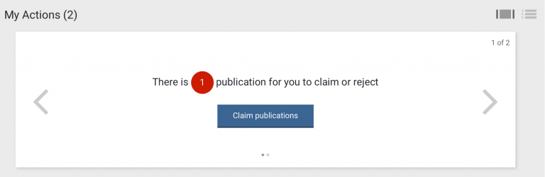 Screenshot of RPS homepage action box with alert to claim or reject a publication.