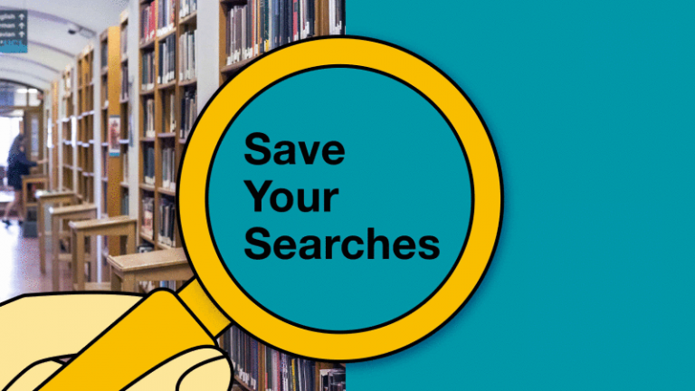 Save your searches. Illustration of magnifying glass over photo of library book shelves. Decorative.