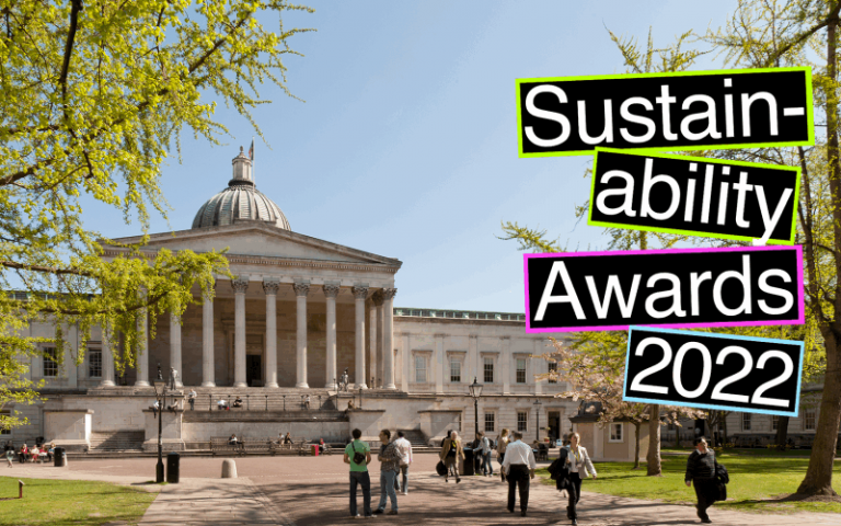 UCL Portico with Sustainability Awards 2022 branding over the top