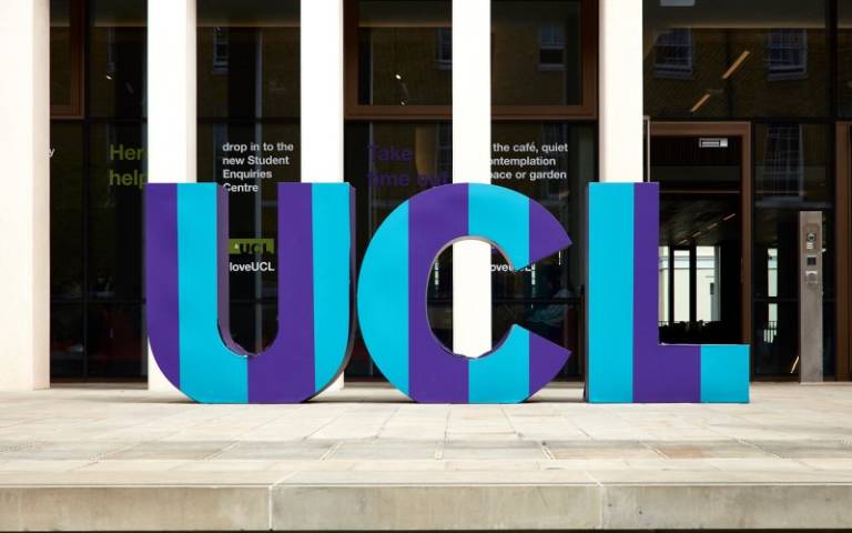 UCL letters art sculpture outside the Student Centre