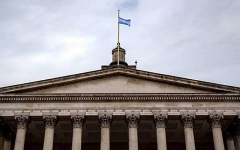 Transgender flag flying atop the UCL portico