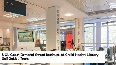 Interior of Child Health Library with self-guided tour title branding