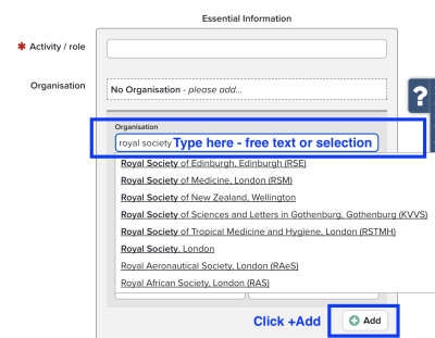 Screenshot showing the populating of organisation field in RPS
