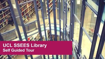 Interior of SSEES Library with self-guided tour title branding