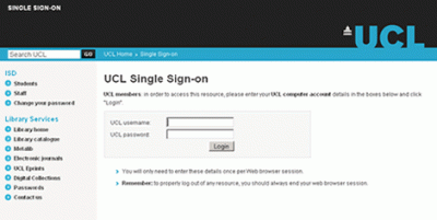 UCL Single Sign-on screen