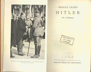 Title page of 'Hitler' by Rudolf Olden, including black and white photograph of Adolf Hitler. Shelfmark: OLDEN COLLECTION 563