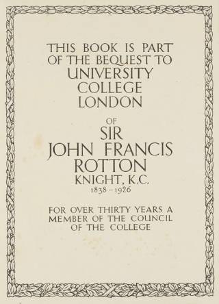 Book label from book bequested to UCL from Sir John Francis Rotton