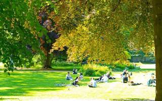 People sitting on the grass in Gordon Square, central London