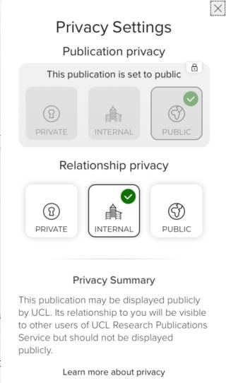 Screenshot showing the privacy settings for an object in RPS