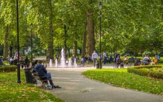 Russell Square, central London, with water fountain in the background