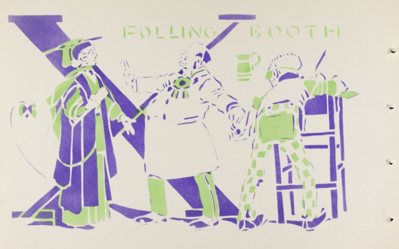 Suffragette blocked at the polling box by men