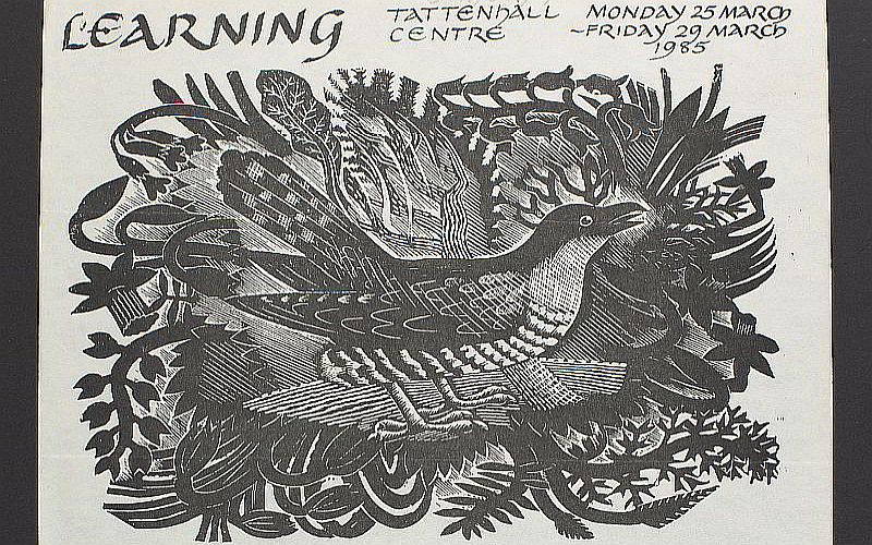 An A4 page featuring a black and white print of a garden bird surrounded by foliage and rendered with high contrast. Around this image is calligraphy style script in various sizes and alignments, providing title and explanatory text.