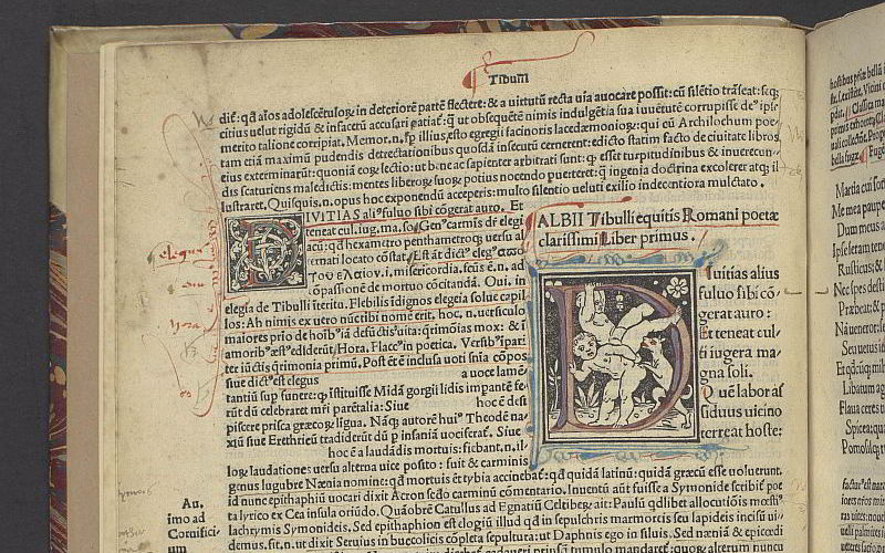 Page printed in black ink. Decorated by hand with red, blue and purple ink lines.  On the right is a large D with printed decorations of two climbing children and a dog. The initial is decorated in a medieval style with red, blue and purple ink.