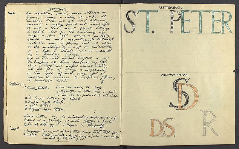 A notebook open on a double page spread.  The left page is full of blue ink cursive handwritten script and the page on the right features some large lettering rendered in blues and reds.