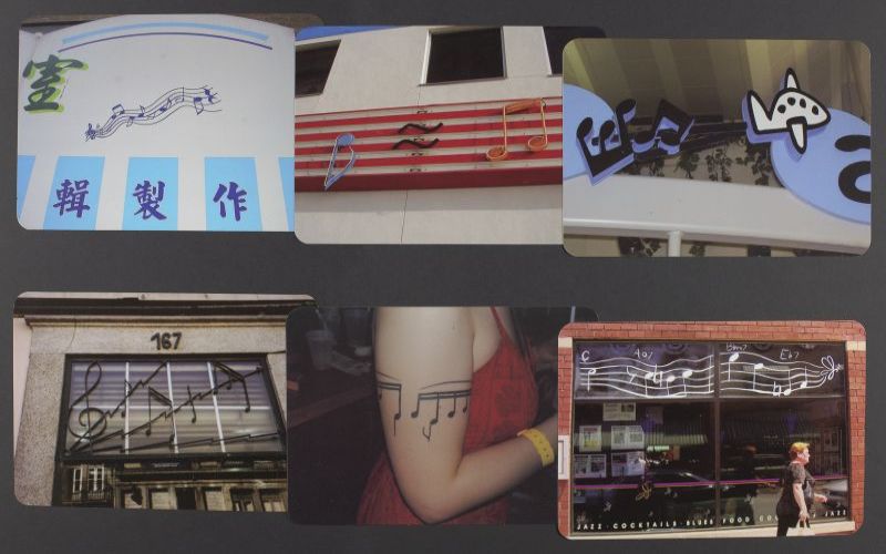 Six cards reveal photographic images of musical notation found in different shop frontages and in a girl's arm tattoo.