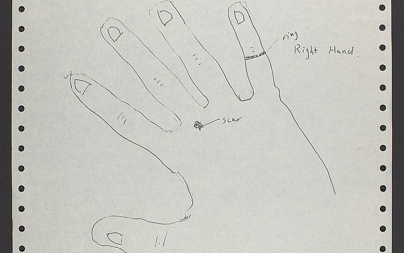 A piece of paper that says ‘No Pain, No Gain’ in Mandarin. Page also has an outline of a right hand, including a ring and a scar on the top of the hand.