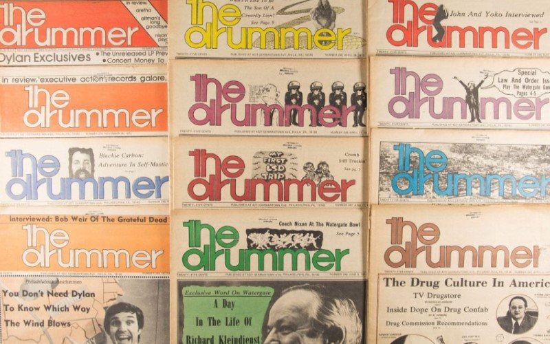 Montage of front covers of The Drummer, a newspaper from 1967 until 1979