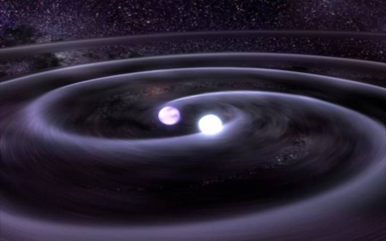Artist's rendition of a binary-star merger, which are believed to create gravitational waves that cause ripples in space-time (credit: NASA)