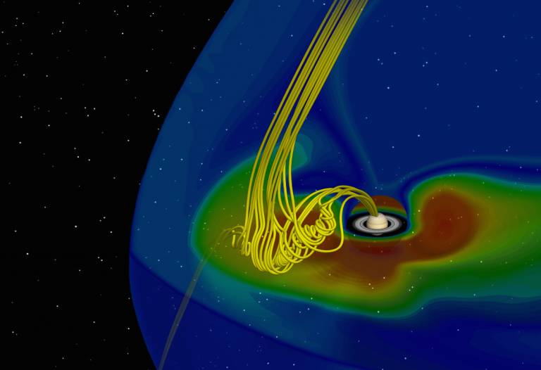 An artistic illustration of an FTE at Saturn’s magnetopause. The background colors are contours of plasma density from the global MHD model of Jia et al. [2012] to show the global configuration of Saturn’s magnetosphere.