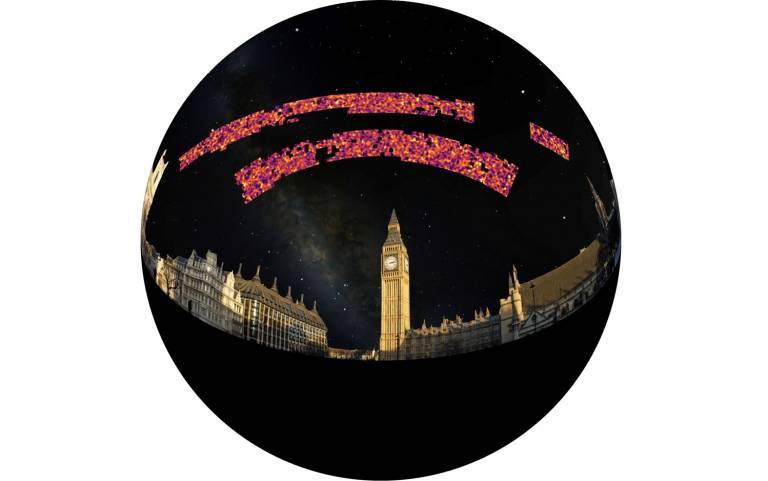 KiDS dark matter maps (true to scale) imposed on the night sky above Big Ben, London. The KiDS map shows the 'wrinkles' in the Universe as revealed by gravitational lensing. The smallest features are about 30 million lightyears across. (credit: B. Giblin,